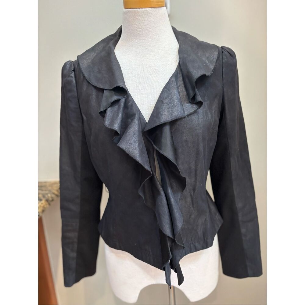 Worthington M black ruffle front faux suede moto blazer